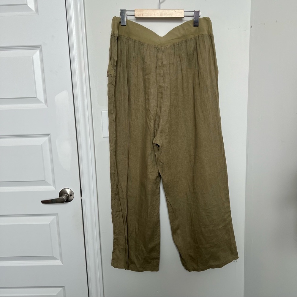 Olive Green 100% Linen Wide Leg Pants 1X High Waist Lightweight Summer Trousers - Picture 2 of 9